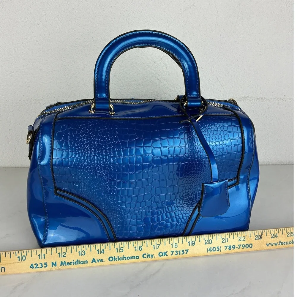 Blue Croc Embossed Patent Satchel Bag - Medium - Y2K Glam Maximalist Handbag